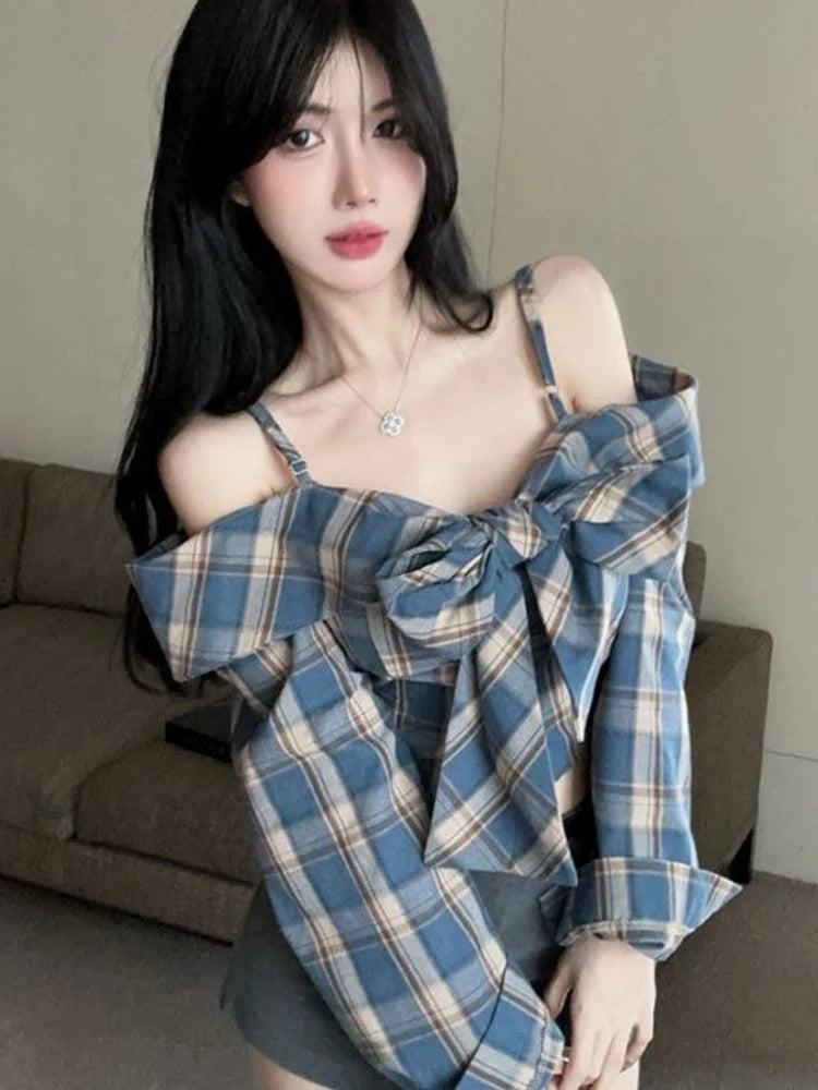 Lunivop Off Shoulder Bow Plaid Shirt Women Long Sleeve Slim Vintage Blouse Sexy Cropped Korean Female Sweet Retro Tops New Spring