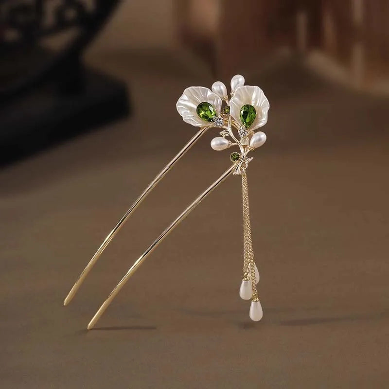 Lunivop  New Chinese Style Green Zircon Flower Hair Stick For Women Vintage Imitation Pearl Tassel Hair Stick Hair Accessories
