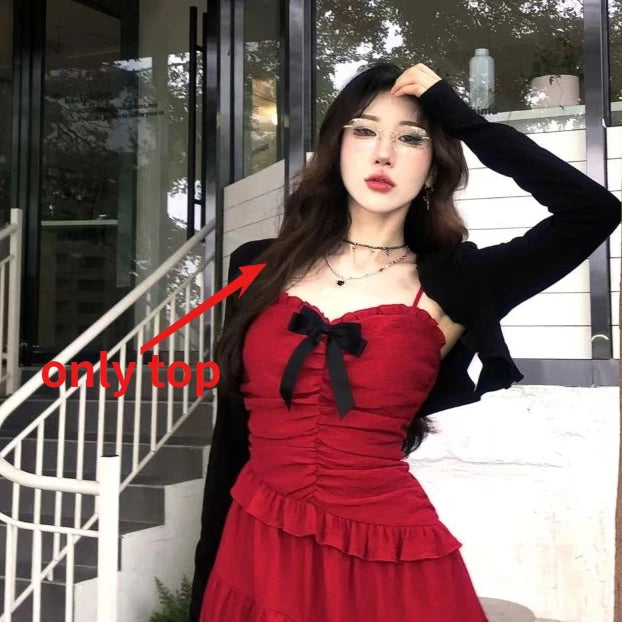 Lunivop  Sweet Ruffles Slim Waist Camisole Dress for Women+ Y2k Thin Long Sleeve Cardigan Coat Two Piece Sets 2025 Summer New