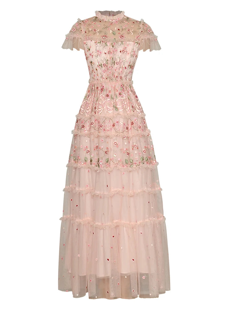 Lunivop  Solid Big Swing Heavy Industry Mesh Embroidery Women's Dresses Round Neck Short Sleeve High Waist Dress Summer 2025