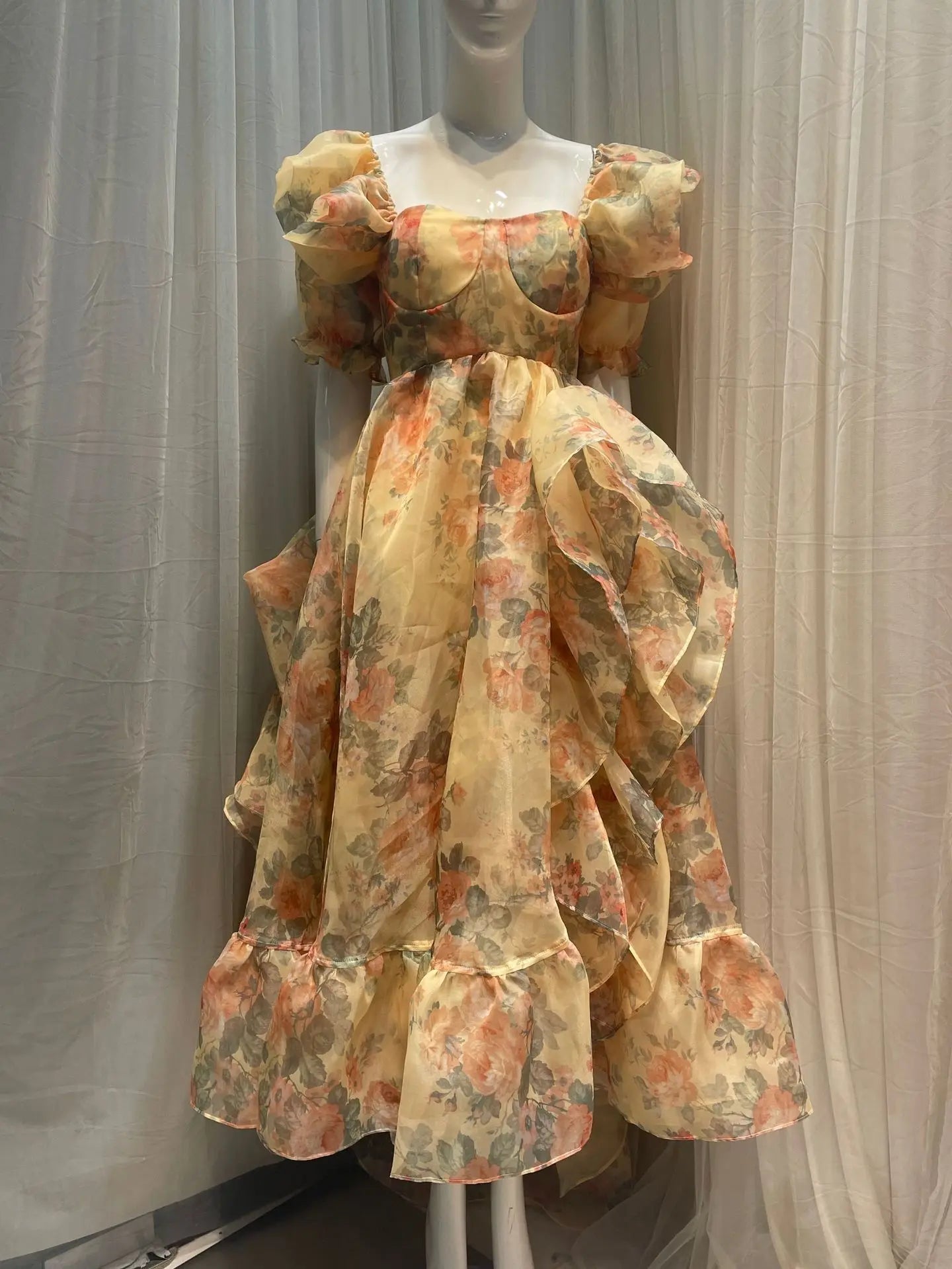Lunivop New Print Women Floor-Length Dress French Niche Design Floral Tail Square Neck Bubble Sleeve Dresses Female