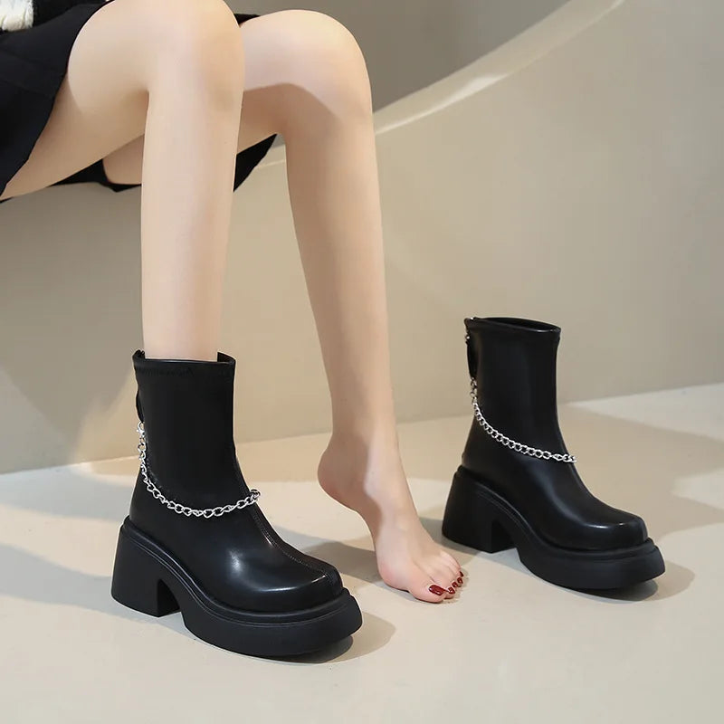 Lunivop Chunky Women Short Boots New Fashion Chain Back Zipper Ankle Boots Platform Shoes Autumn Winter Square High Heel Women's Booties