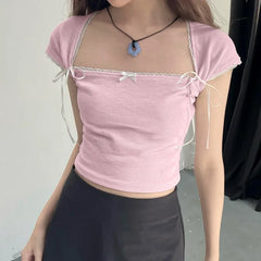 Lunivop Y2K  Bow Splicing Square Collar Small Flying Sleeve T-Shirt 2024 New Lace Edge Color Matching Slim Fit Casual Shirt Summer