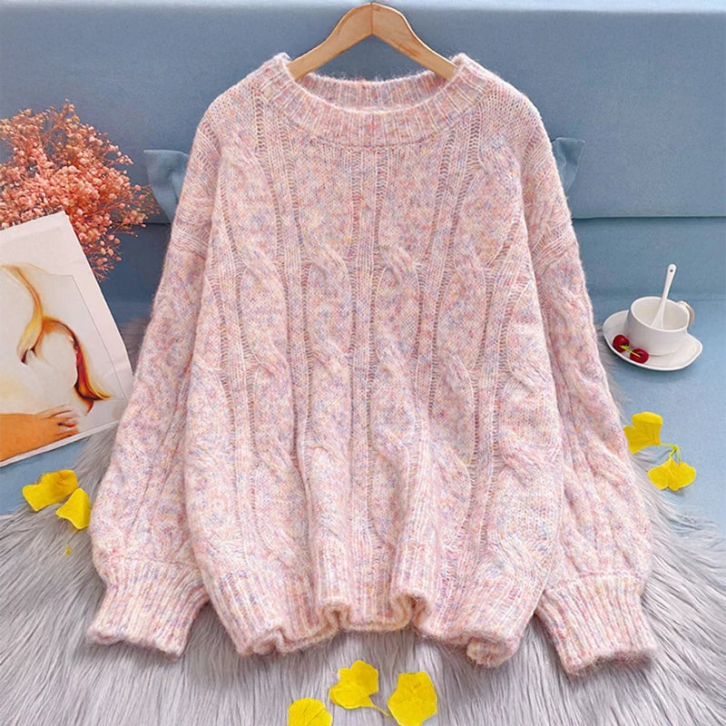 Lunivop Pastel Pink Cable Knit Sweater Pullovers Women Teen-girl Long Sleeve Crew Neck Cozy Jumper Soft Girl Fairy Kei Harajuku Outfit