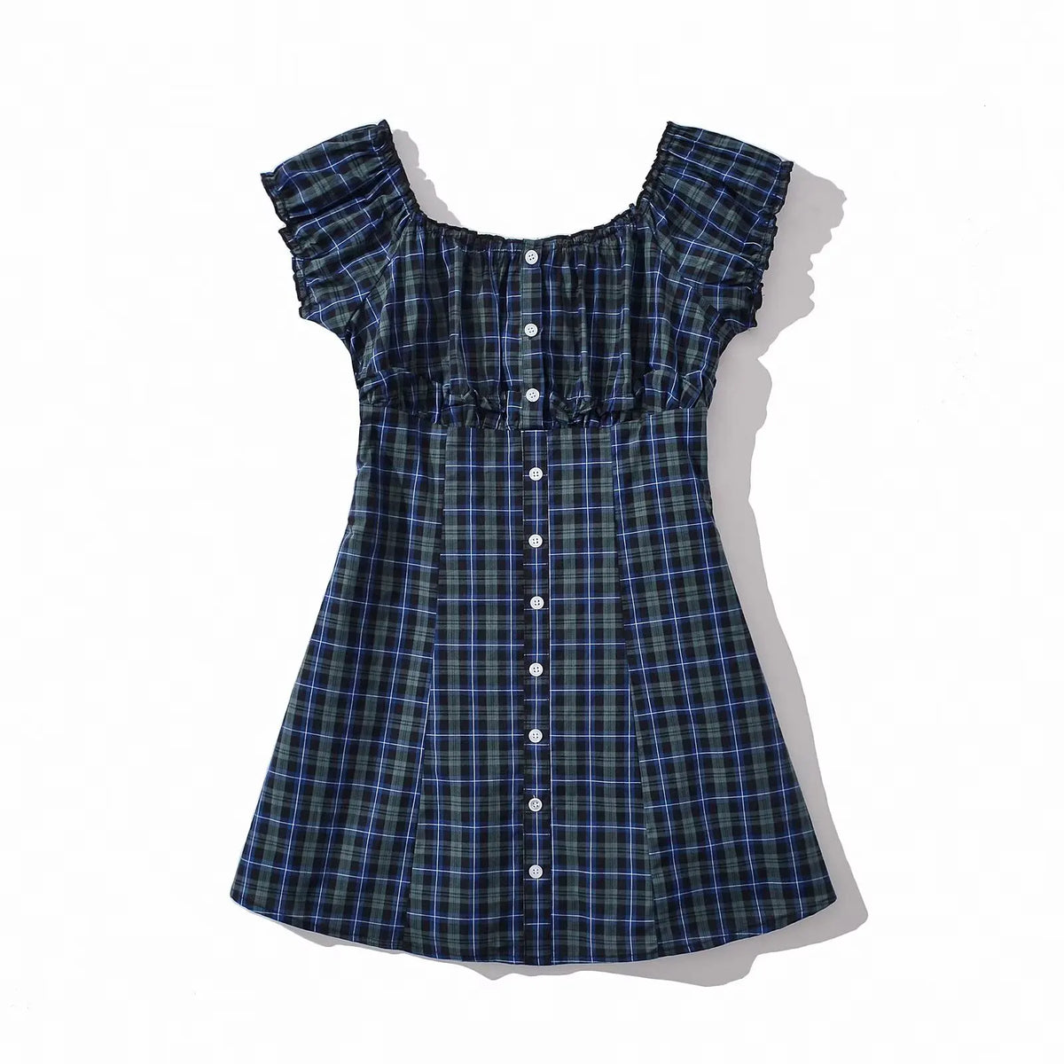 Lunivop  CHIC Contrast Color Plaid Open Buttons Slash Shoulder Mini Dress Women Short Sleeve Slim Waist Dresses Holiday Robe Femme