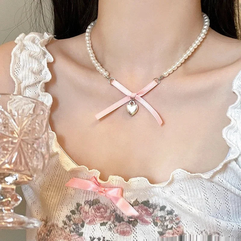 Lunivop Kpop Y2K Aesthetic Lolita Pink Heart Bowknot Pendant Pearl Beaded Necklace For Girl 2000s EMO Goth Harajuku Jewelry Accessories