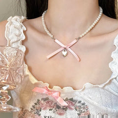 Lunivop Kpop Y2K Aesthetic Lolita Pink Heart Bowknot Pendant Pearl Beaded Necklace For Girl 2000s EMO Goth Harajuku Jewelry Accessories