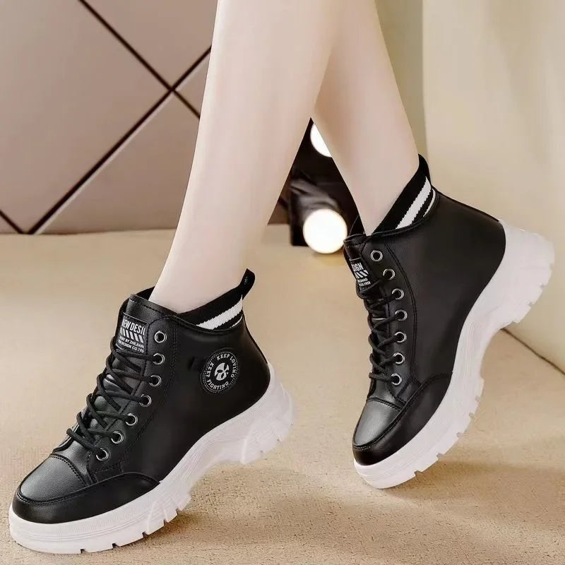 Lunivop Women Ankle Boots Warm PU Plush Winter Woman Shoes High-top Sneakers Ladies Lace Up Non-slip Casual Shoes Zapatillas