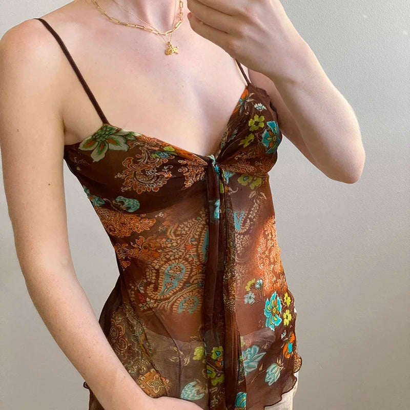 Lunivop  Retro Mesh Floral Print Camis Sexy See Through Sleeveless Crop Top y2k Vintage Ruffles Tee Summer Holiday Transparent Top