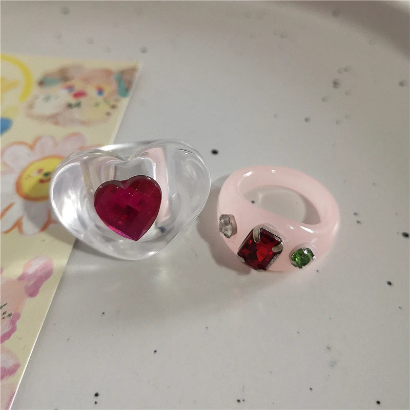 Lunivop Kpop Gothic Y2k Cute Acrylic Flower Bow Strawberry Cherry Heart Ring Emo Aesthetic Resin Rings Set Egirl Accessories Decorations