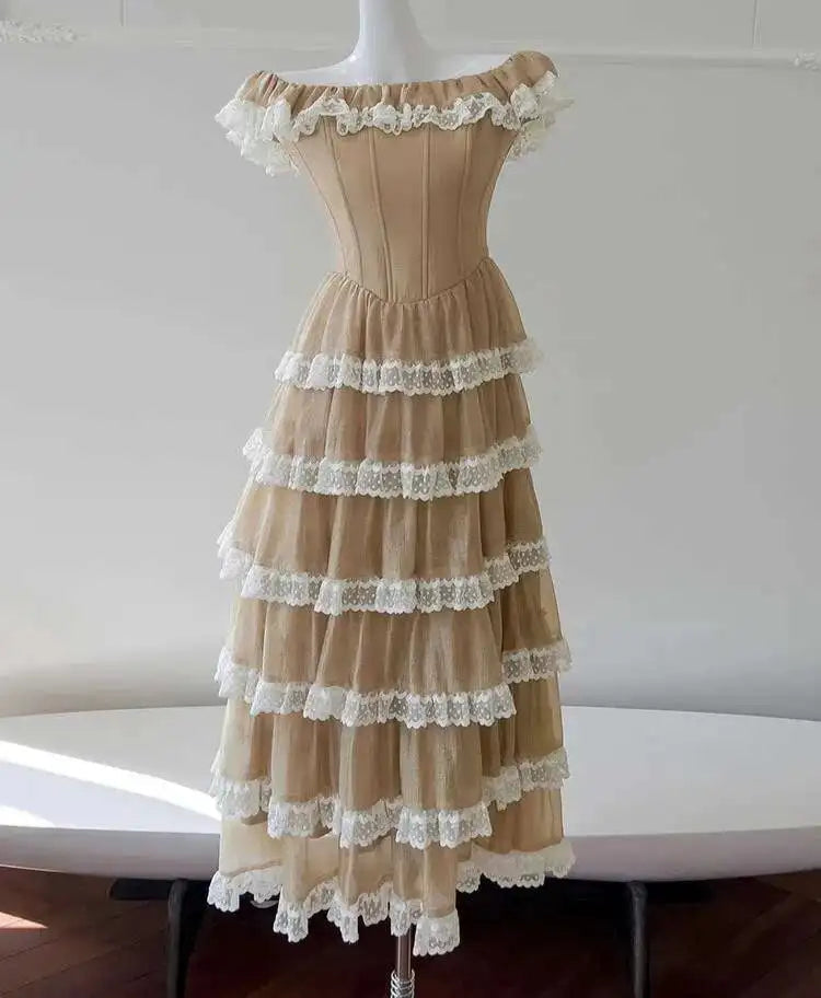Lunivop Mesh Lace Spliced Long Dresses For Women Slash Collar High Waist Sleeveless Elegant Dress Female 2025 New Clothing