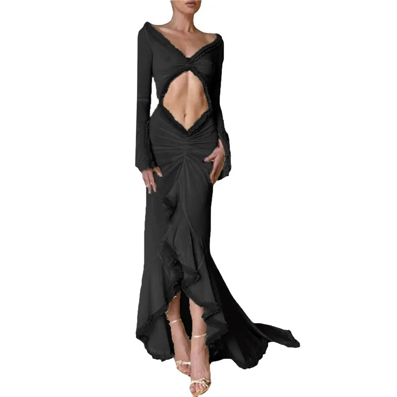 Lunivop  Women Sexy Lace See Through Maxi Dress Y2k Floral Sheer Strap Backless Bodycon Fitted Long Dress Party Club Dress