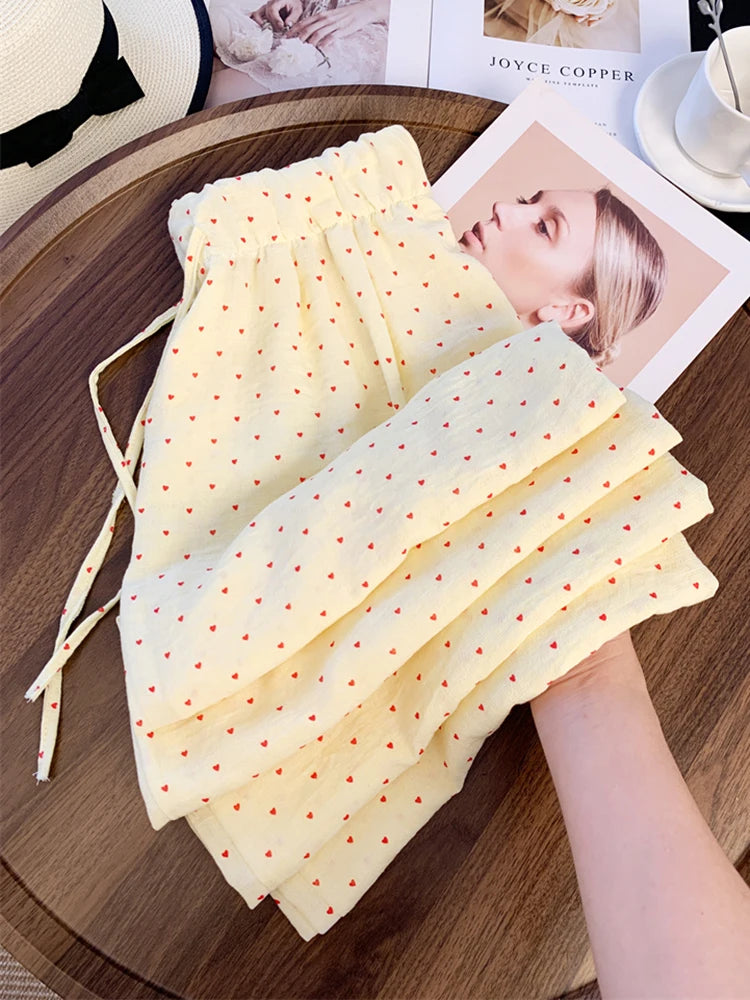 Lunivop  Sweet Love Print Wide Leg Pant Women Casual Cute Loose High Waist Trousers Korean Fashion Female Lace Up Elegant Pants New