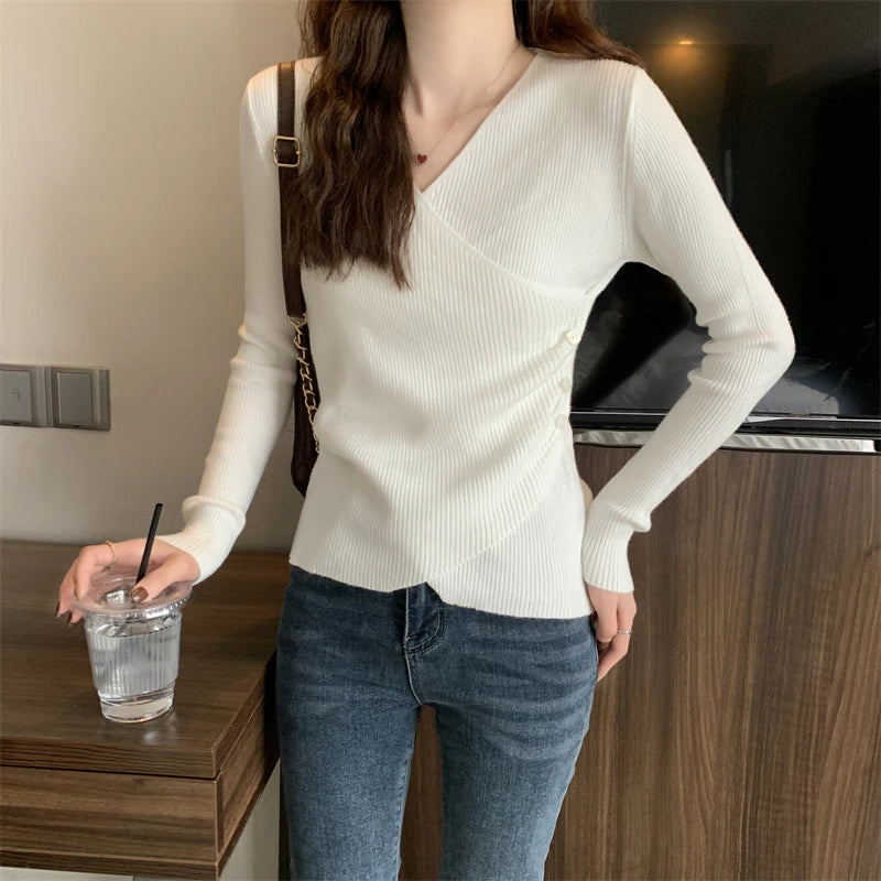 Lunivop Sweater for Women Pullovers Ribbed Knit V-Neck Long Sleeve Button Side Plain Jumper Teen-girl Fall Winter Basic Outfit
