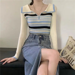 Lunivop  Elegant Short Panelled Stripe Sweaters Turn-down Collar Knit Minority Fresh Jumper All-match Korea Office Lady Pullovers