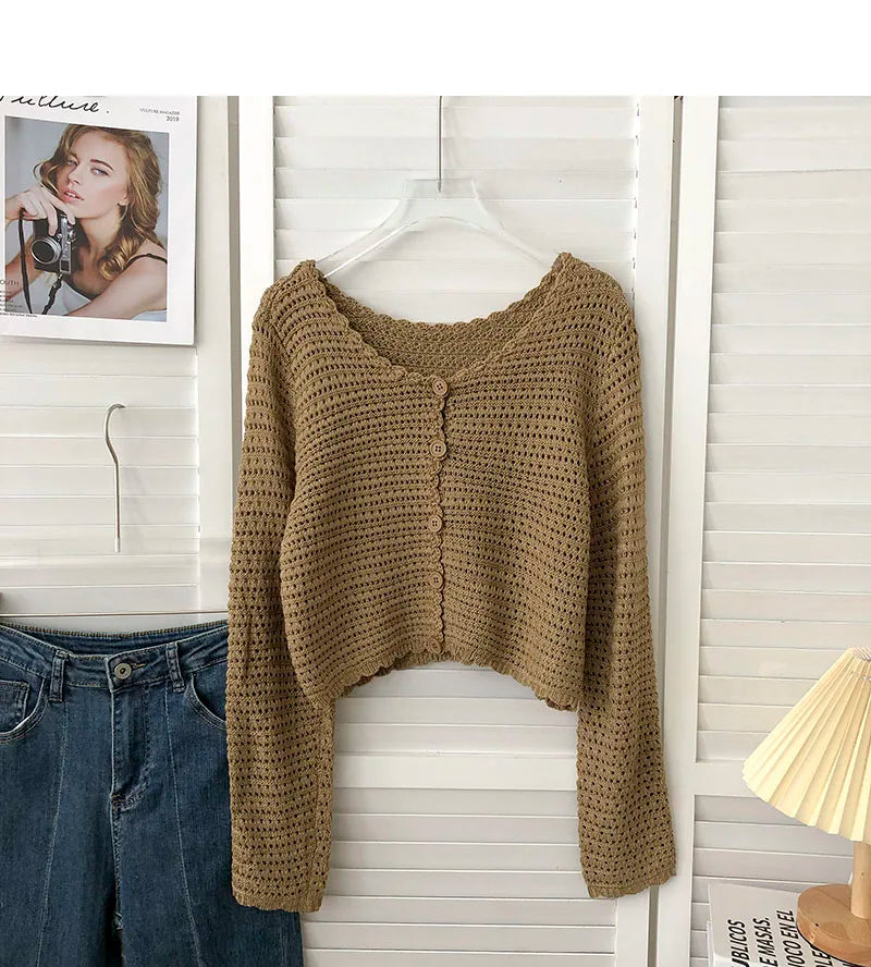 Lunivop Crochet Cardigan for Women Sheer Openwork Knit Long Sleeve Button Up Crop Top Teen-girl Shrug Cardigan Autumn Spring Y2K Outfit