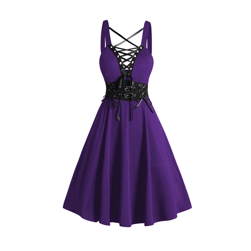 Lunivop  Womens Gothic Dresses Sets Solid Color Open Front Crop Jacket and Lace Up Buckle Strap Crisscross Dress Outfit1
