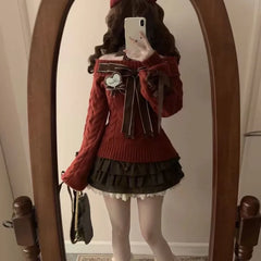 Lunivop  Deeptown Brown Women Plaid Skirts Kawaii Lolita Sweet Mini Skirts Vintage Lace Patchwork Cute Fashion High Waist Layered Skirt