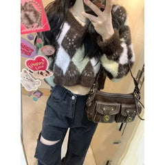 Lunivop V-Neck Slim Fit Sweater Mujer Y2K Korean Preppy Style High Waist Crop Tops Knitted Women Contrast Color Short Hotsweet Pullovers