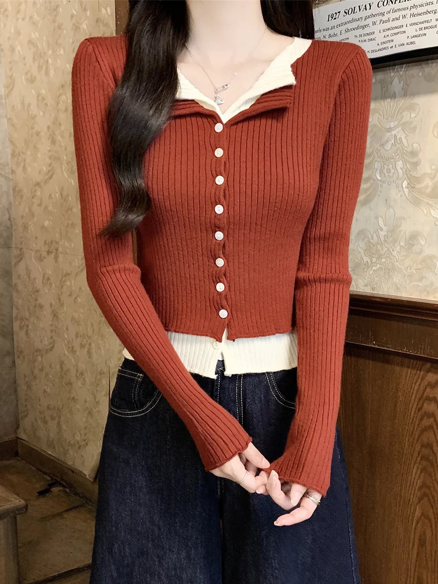Lunivop V-neck Fake Two Long-sleeved Short Slim Early Autumn Sweaters with Bottoming Shirts in 2025