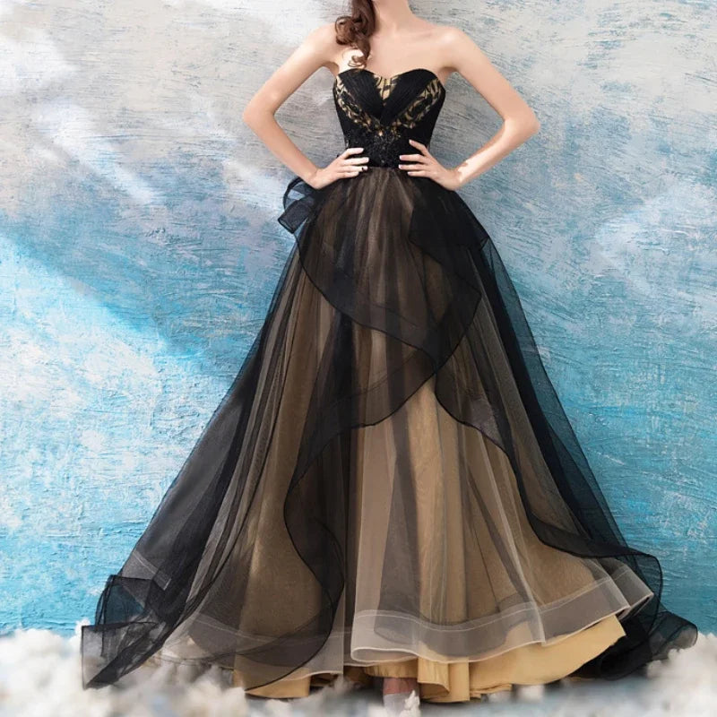 Lunivop  Elegant Temperament Straps Design Slim Waist A-line Formal Evening Dress Exquisite Black Flower Sequin Appliques Gown  formal dress
