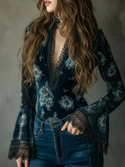 Lunivop  Autumn Women's Clothing Velvet Blouse With Lace Floral Print V Neck Long Sleeve Elegant Top For Woman Slim Fit Bell Cuff