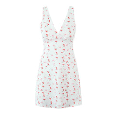 Lunivop  Sexy White With Red Cherry Print V neck Mini Tank Dress Women Slim Waist A-Lined Sleeveless Short Robe Holiday