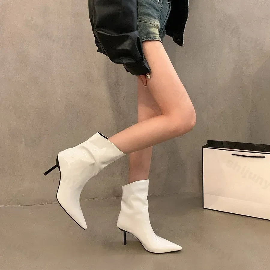 Lunivop Pointed Toe Women Leather Short Boots Fashion Slip on Ankle Booties Thin High Heel Autumn Winter Ladies Shoes Sexy Pumps Boots