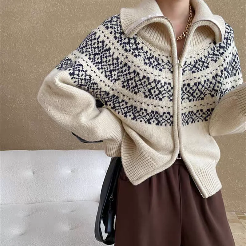 Lunivop Women Fair Isle Sweater Zipper Front Collared Zip-up Sweater Knit Jacket Cozy Knitwear Teen-girl Fall Winter Vintage Outfit