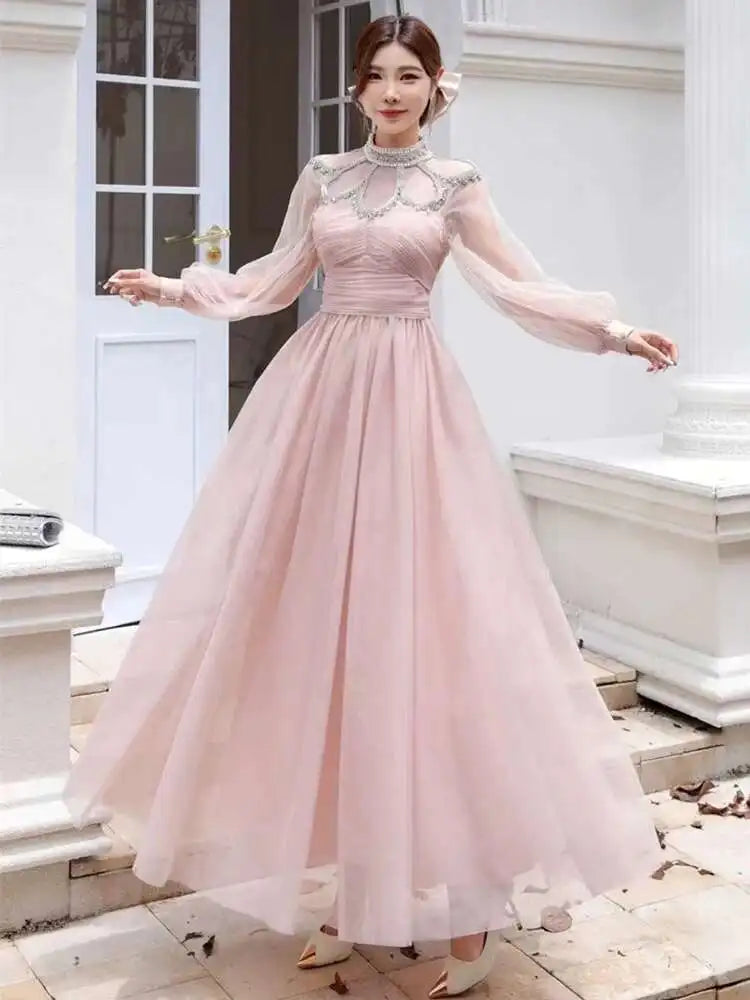 Lunivop Women's Fashion Dress Stand Collar Mesh Sleeves Rhinestone Folds Folds Slim Mid-calf Dresses Spring 2025 New Tide