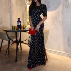 Lunivop  Polka Dot Print Elegant Open Back Hollowed Out Half Sleeve Crew Neck Bodycon Fashion Vintage Long Dress Party Evening Gowns