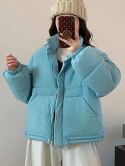 Lunivop Women Sweet Corduroy Parkas Warm Long Sleeve Retro Stand Collar Cotton Coat Winter Thick Casual Preppy Style Korean Jacket