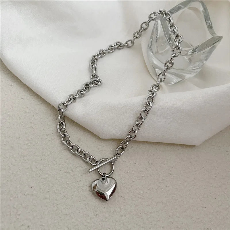 Lunivop Punk Stainless Steel Long Thick Chain Toggle Heart Pendant Necklace For Women Men Goth Choker Necklaces Trend Neck Jewelry