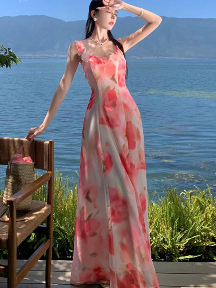 Lunivop Women Sweet Pink Floral Elegant Sleeveless Ruffled Edges Slip Dresses Summer Romantic Bohemian Sexy Birthday Evening Party Dress