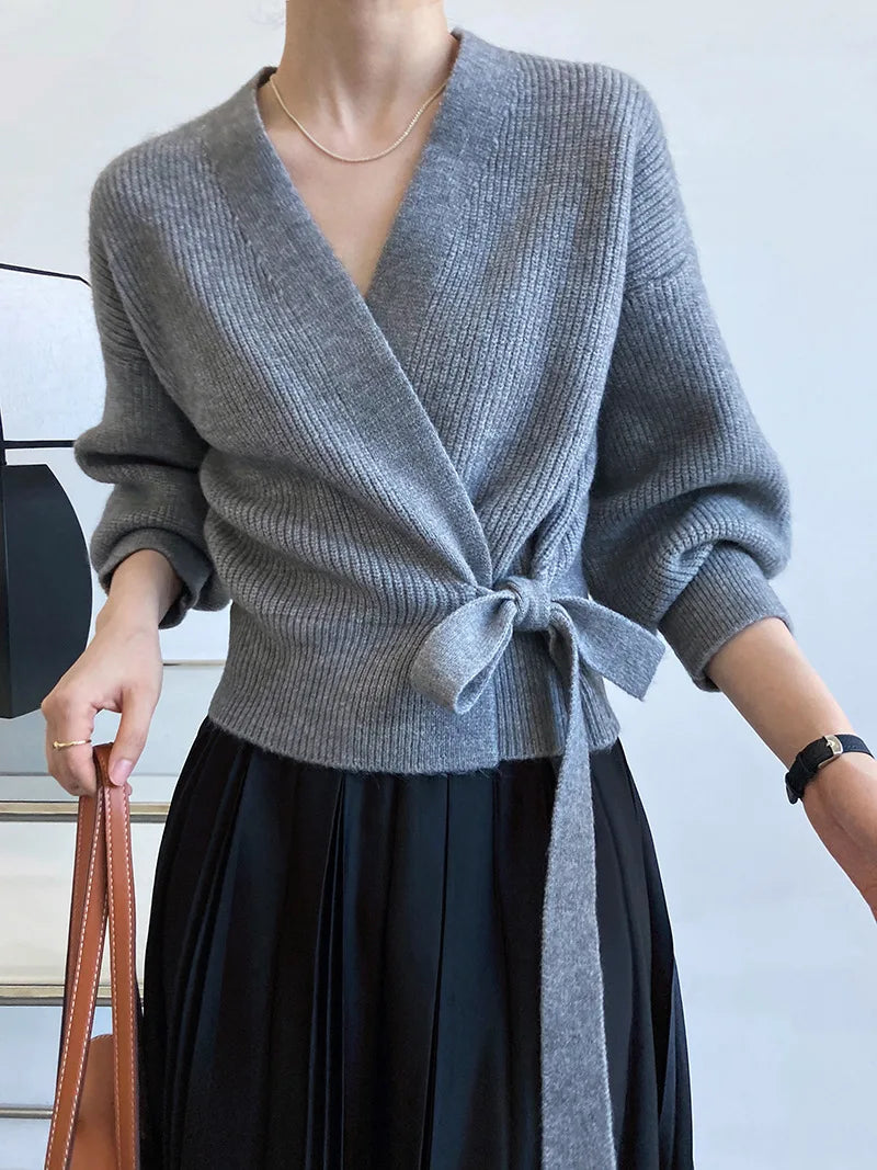 Lunivop Tie Front Wrap Sweater Cardigan Women Soft Knitted V-neck Long Sleeve Surplice Sweater Top Autumn Winter Vintage Outfit