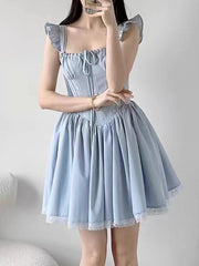 Lunivop  Sweet French Blue Dress Women Elegant Lace Patchwork Retro Sexy Mini Dress Casual Square Collar Flying Sleeve Vestidos New