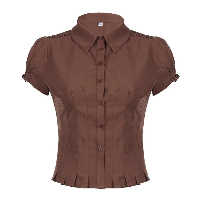 Lunivop  American Preppy Turn Down Collar Puff Short Sleeve Blouse Y2k Vintage Draped Slim Waist Single Breasted T Shirts Punk Clothes