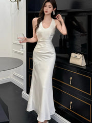 Lunivop Elegant Satin Solid Women's Dresses Sexy Halter V-neck  Female Clothing Formal Occasion New Sleeveless Evening Party Long Dress