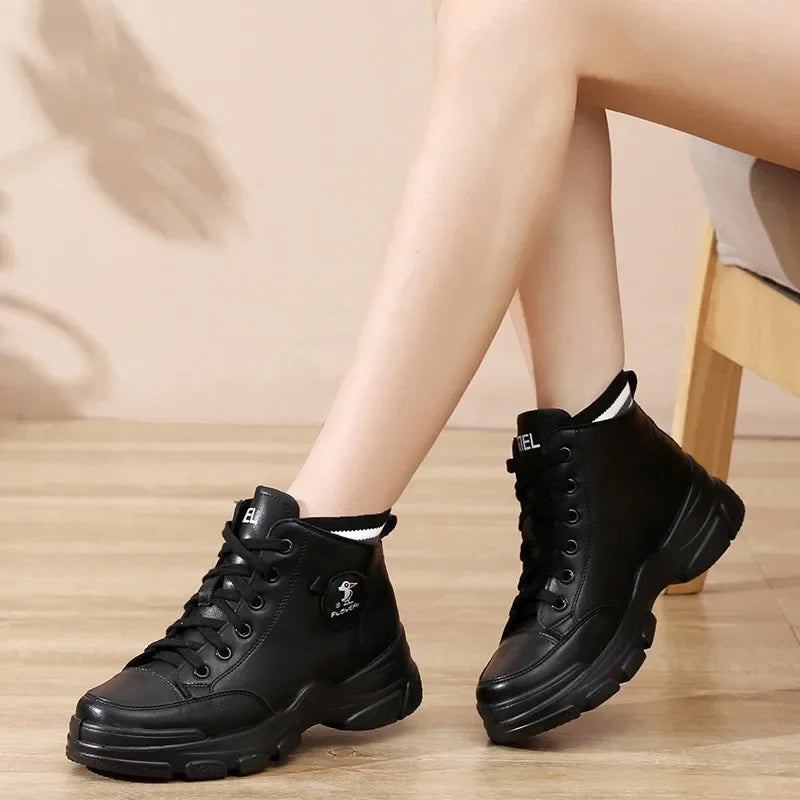 Lunivop Women Ankle Boots Warm PU Plush Winter Woman Shoes High-top Sneakers Ladies Lace Up Non-slip Casual Shoes Zapatillas