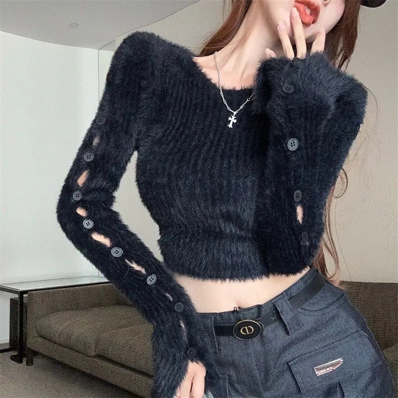 Lunivop Fuzzy Fitted Knit Top for Women Cut-out Buttoned Sleeve Bodycon Crop Sweater Pullovers Teen-girl Autumn Winter Y2K Outfit