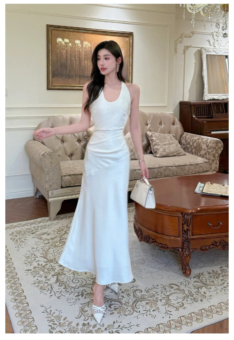 Lunivop Elegant Satin Solid Women's Dresses Sexy Halter V-neck  Female Clothing Formal Occasion New Sleeveless Evening Party Long Dress