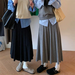 Lunivop Korean Style Pleated Skirt Women Grey Elegant Sweet Knitted Skirt Preppy Style Autumn Winter Casual Solid Long Skirts