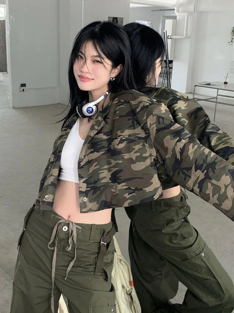 Lunivop Sexy Cropped Camouflage Cargo Jackets Women Vintage Streetwear Slim Y2K Coats Vintage American Long Sleeve Female Fall Tops