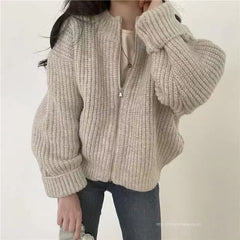 Lunivop Women's Zip Up Sweater Cardigan Chunky Knit Stand Collar Zipper Front Plain Sweater Jacket Ladies Korean Chic Fall Winter Outfit