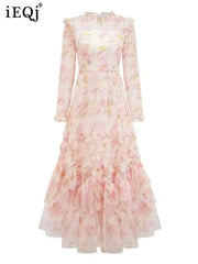 Lunivop  Lace Sequins Slim Women Floral Skirt Long Sleeves O Neck Spot Printing Ear Fungus Edge Female Dress 2025 Spring New