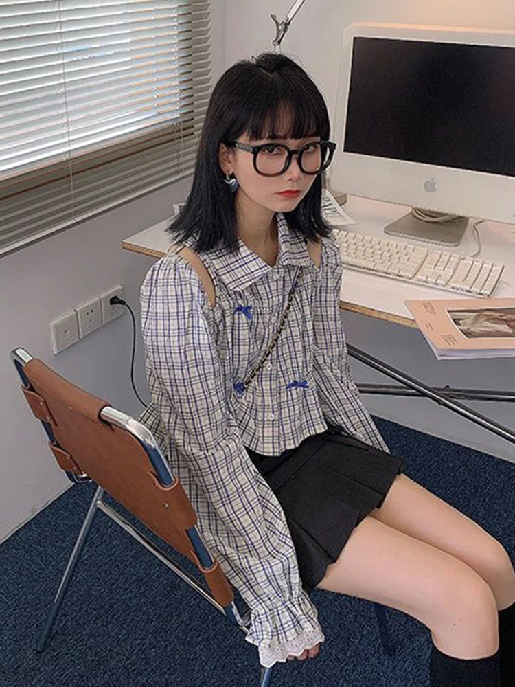 Lunivop Sweet Bow Hollow Out Shirt Women Long Sleeve Lace Patchwork Blouse Korean Cropped Fashion Elegant Female Design Plaid Tops
