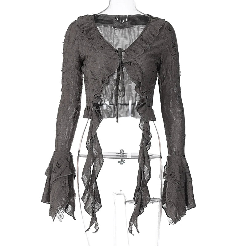 Lunivop Butterfly Sleeve Tassel Long Sleeve Ruffles High Waist Crop Top Tshirt Hollow Out Summer Fashioon Y2K Casual Clothes