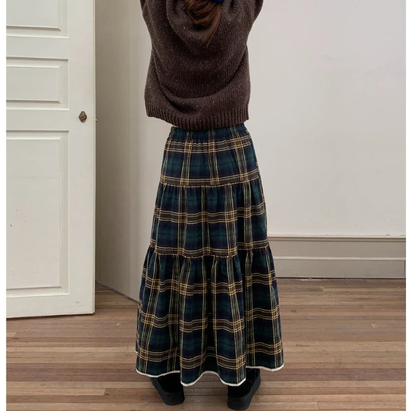 Lunivop Vintage Preppy Style Plaid Skirt Women Y2k Harajuku Japanese Style Long Skirt Streetwear Retro Ruffle Skirts Aesthetics