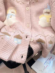 Lunivop Cute Snowmen Pink Cardigan Sweater Women Vintage Sweet Print Loose Knitted Coat Japan Fall Winter Kawaii Female O Neck Tops