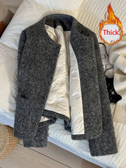 Lunivop  Zoki Winter Faux Woolen Gray Coat Women Vintage Thick Warm Long Sleeve Slim Jacket Casual O Neck Female Korean Elegant Retro Top